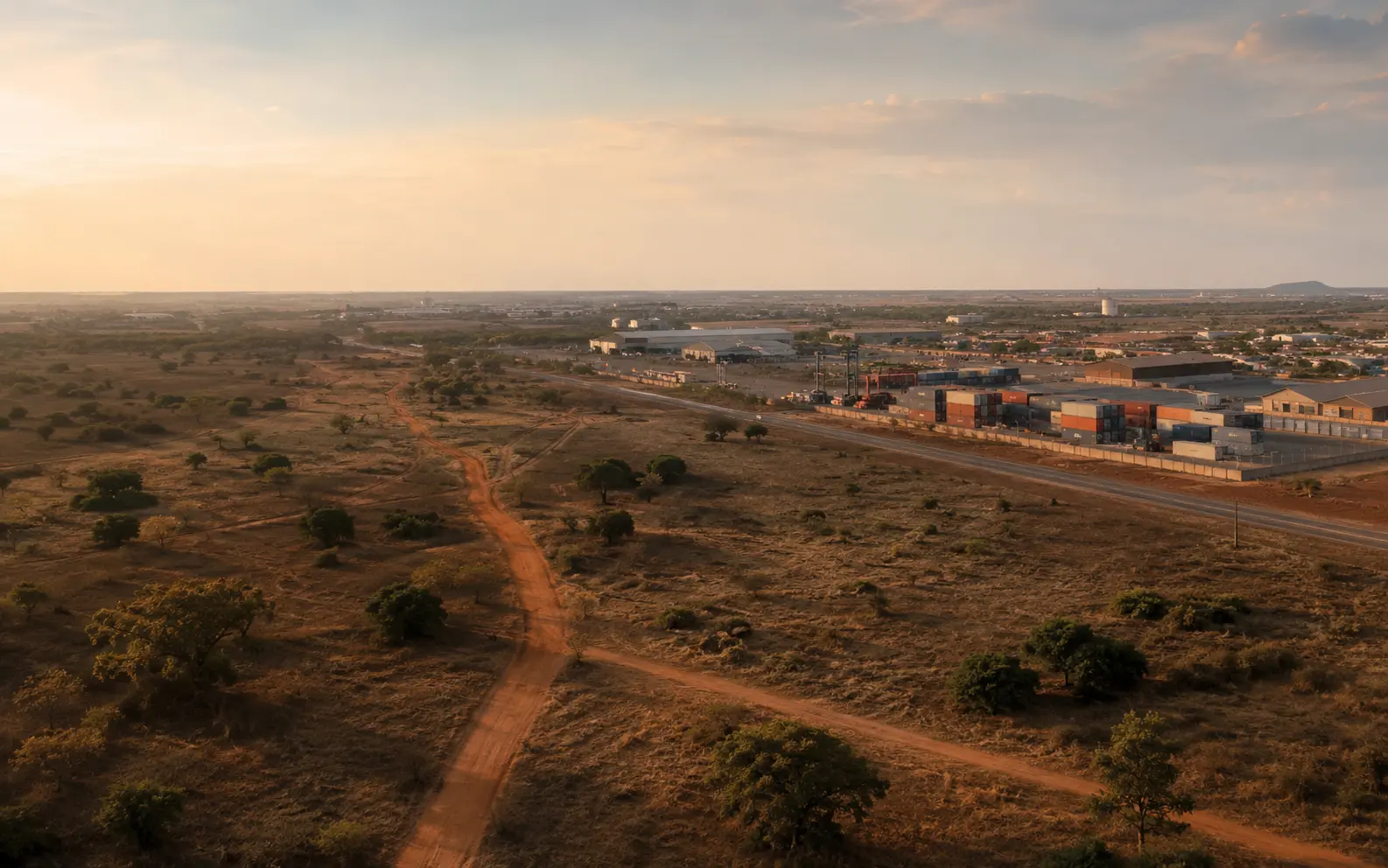 Paysage sahélien relié à une zone industrielle ouest-africaine
